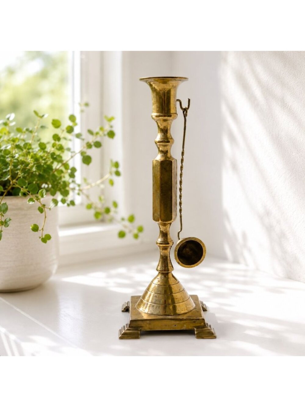 Vintage Brass Candlestick with Snuffer Ornate 10" Candle Holder with Square Pede